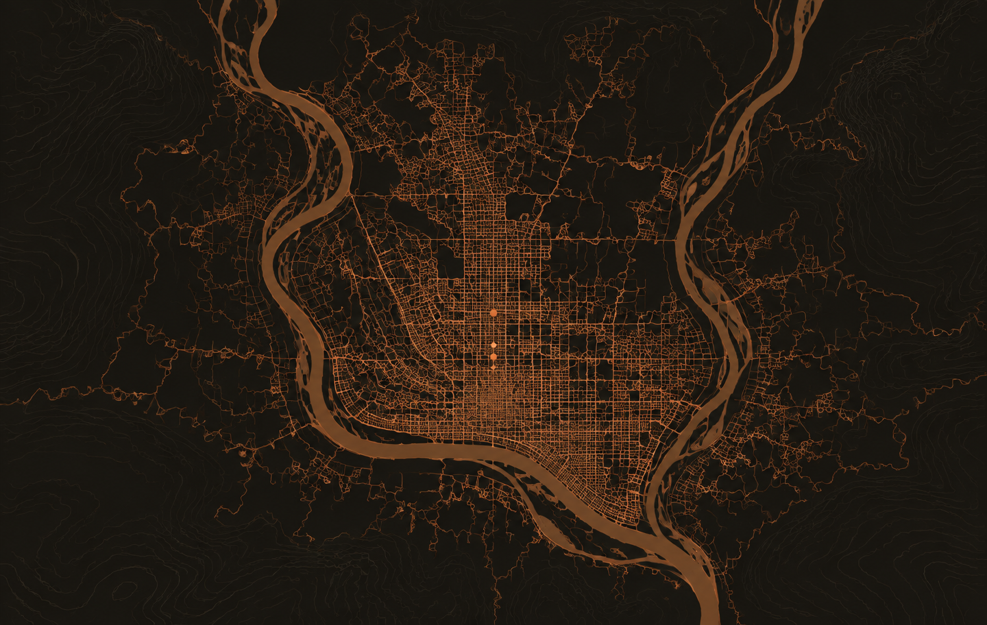 Stylised dark map of Dhaka, Bangladesh, with the Buriganga, Turag and Shitalakshya rivers wrapping around the dense urban street grid, traced in thin orange lines.