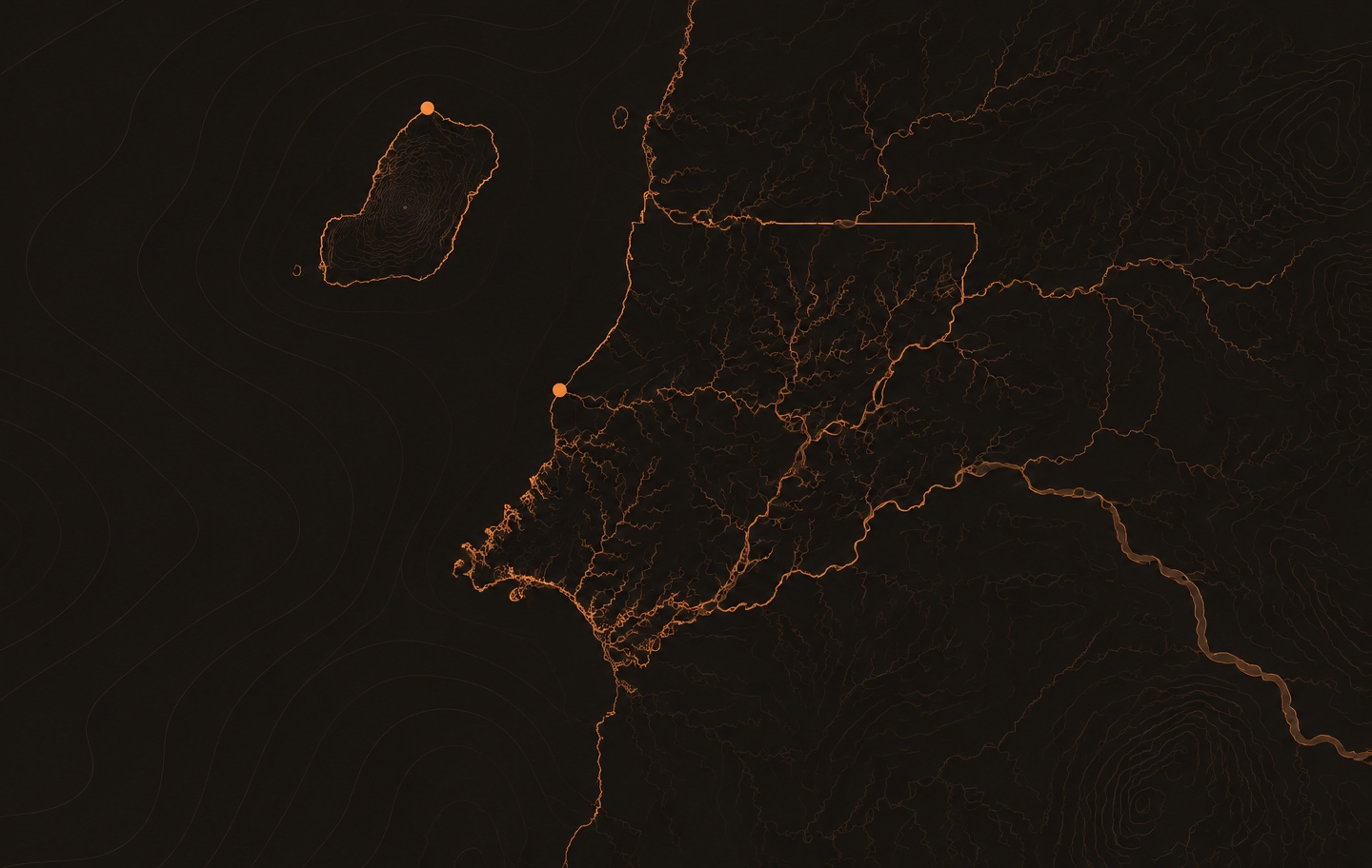 Stylised dark map of Equatorial Guinea, showing Bioko island in the Gulf of Guinea and the mainland Rio Muni territory, with coastlines and river systems traced in thin orange lines and markers on Malabo and Bata.