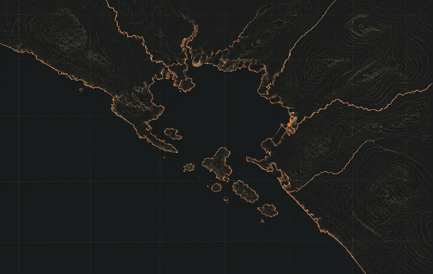Stylised dark map of the Gulf of Fonseca on the Pacific coast of Central America, where Honduras, El Salvador and Nicaragua meet, with a port site marked in orange.