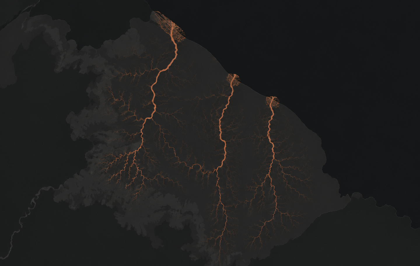 Stylised dark map of the rivers of Guyana, with the Essequibo, Demerara and Berbice river networks traced in thin orange lines running from the interior to the Atlantic coast.