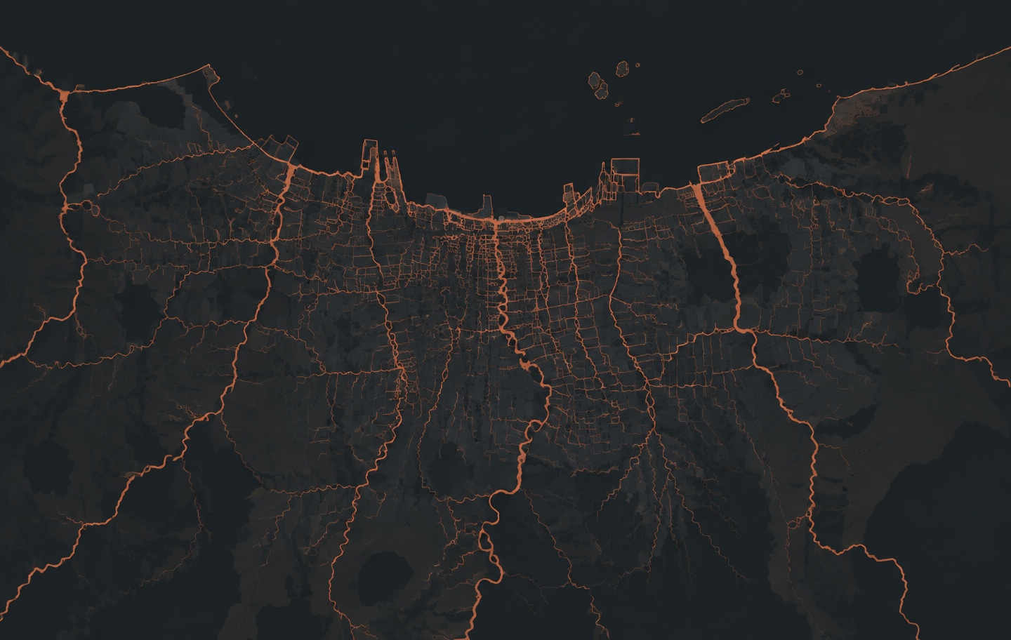 Stylised dark map of Jakarta, Indonesia, with rivers and canals traced in thin orange lines running north across the low-lying city into Jakarta Bay.