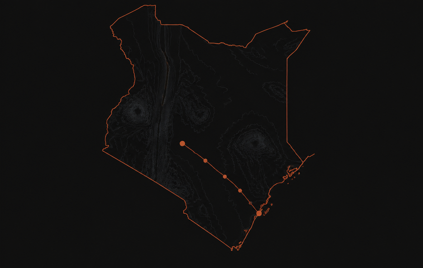 Stylised dark map of Kenya with its Indian Ocean coastline, a highlighted corridor running inland from the port of Mombasa toward Nairobi, and four orange markers along the corridor.