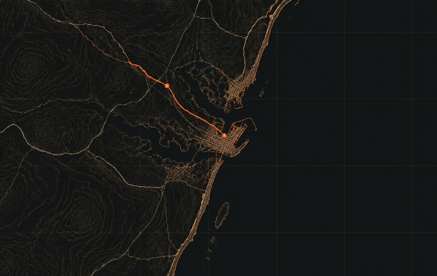 Stylised dark map of the East African coast around Mombasa, Kenya, with a road corridor running inland from the port highlighted in orange.