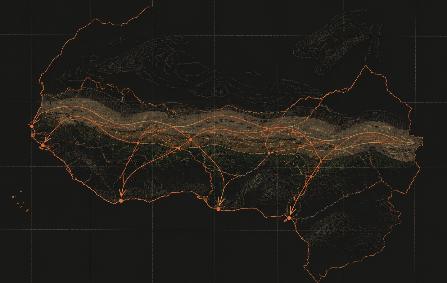 Stylised dark map of the Sahel region of West Africa, with thin orange arrows showing movement corridors toward coastal cities.